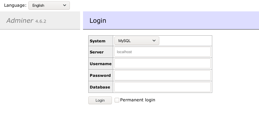 Adminer login page