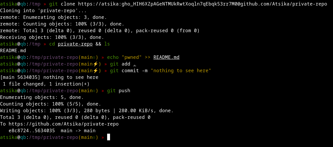 Private repo cloned and modified using token