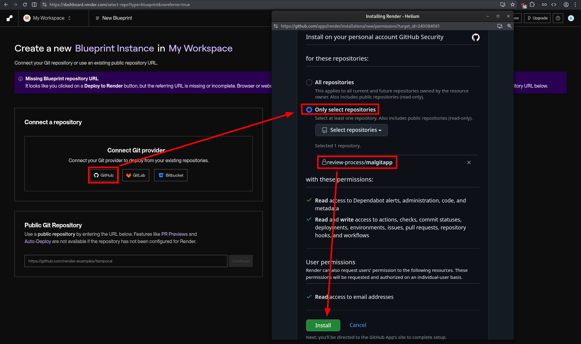 Connect Render with GitHub (Source : atsika). 