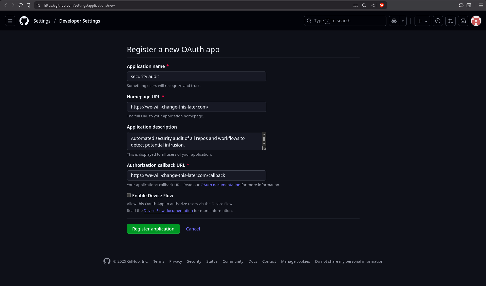 Register new OAuth app