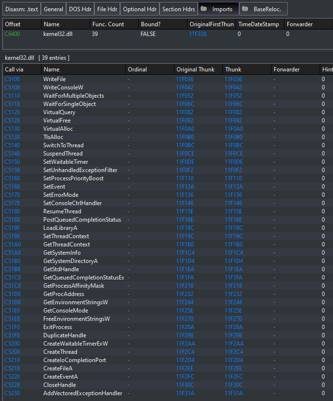 Default imports of a Go binary, viewed in PE-bear
