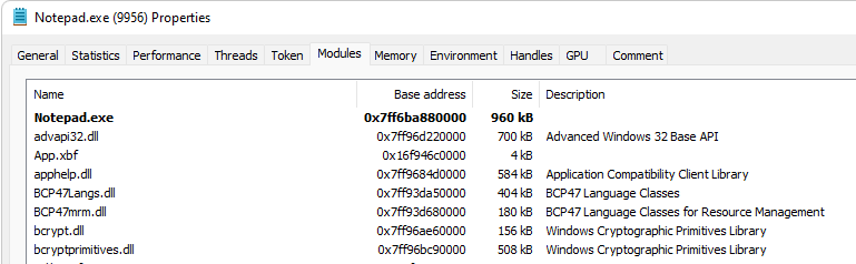 Modules loaded by Notepad.exe, viewed in Process Hacker 2
