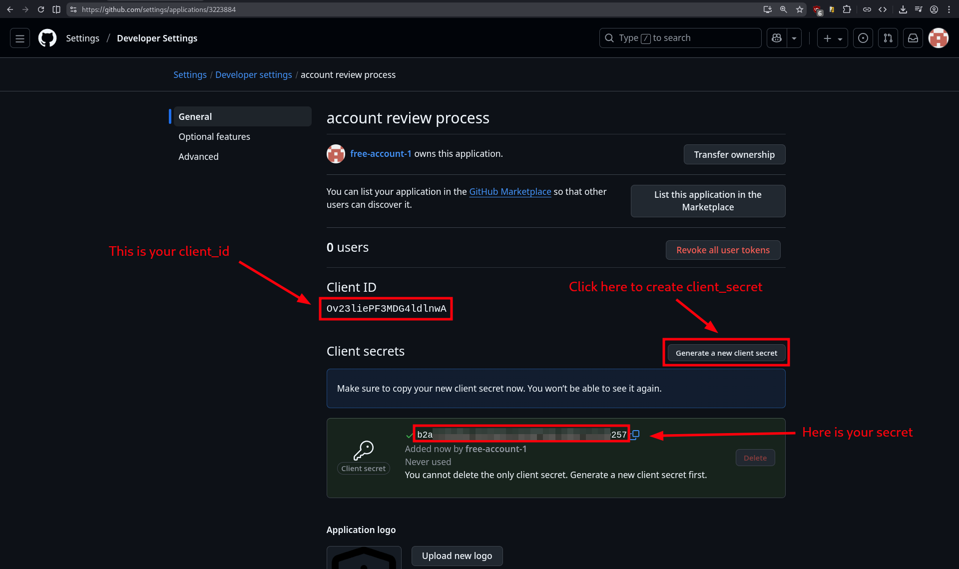 Retrieve client_id and client_secret
