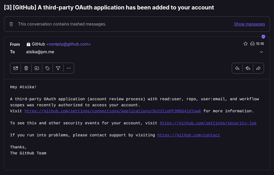 GitHub third-party access notification