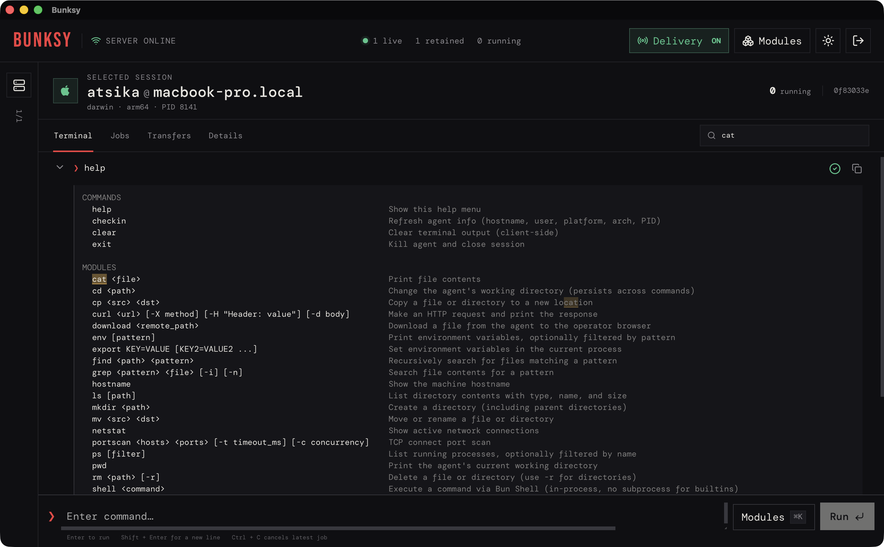 Help menu displaying module usage and description.