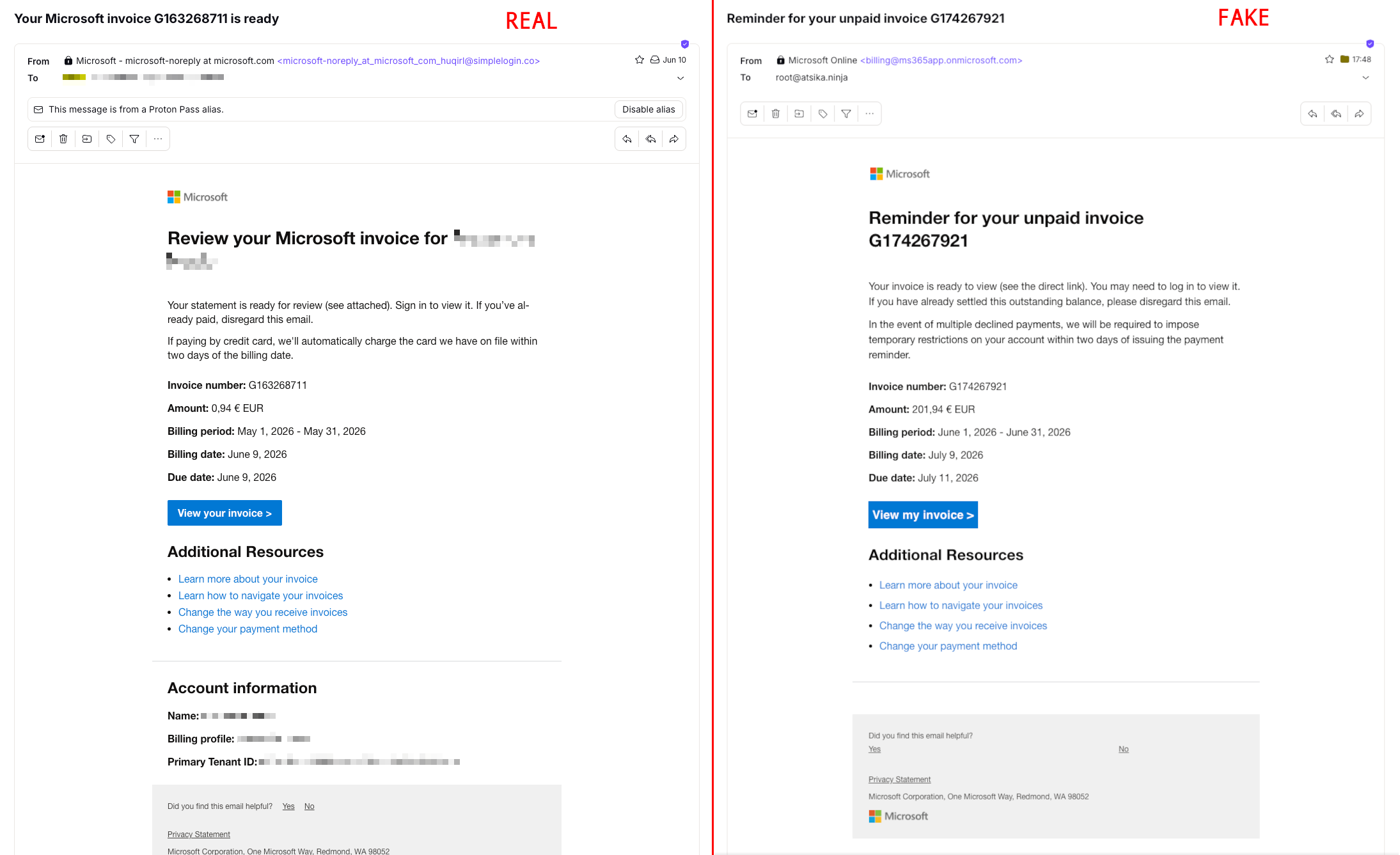 Comparison between real (on the left) and fake (on the right) email.