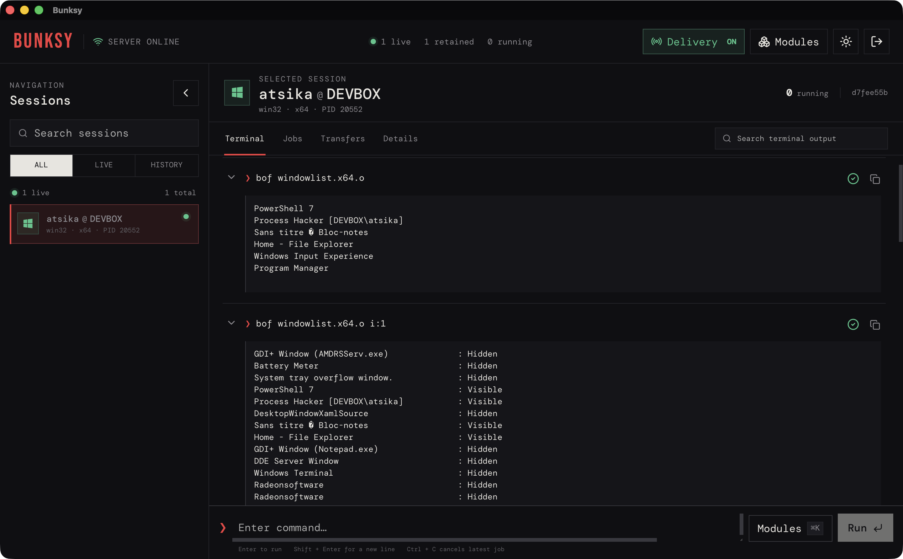 windowlist BOF execution without and with arguments.